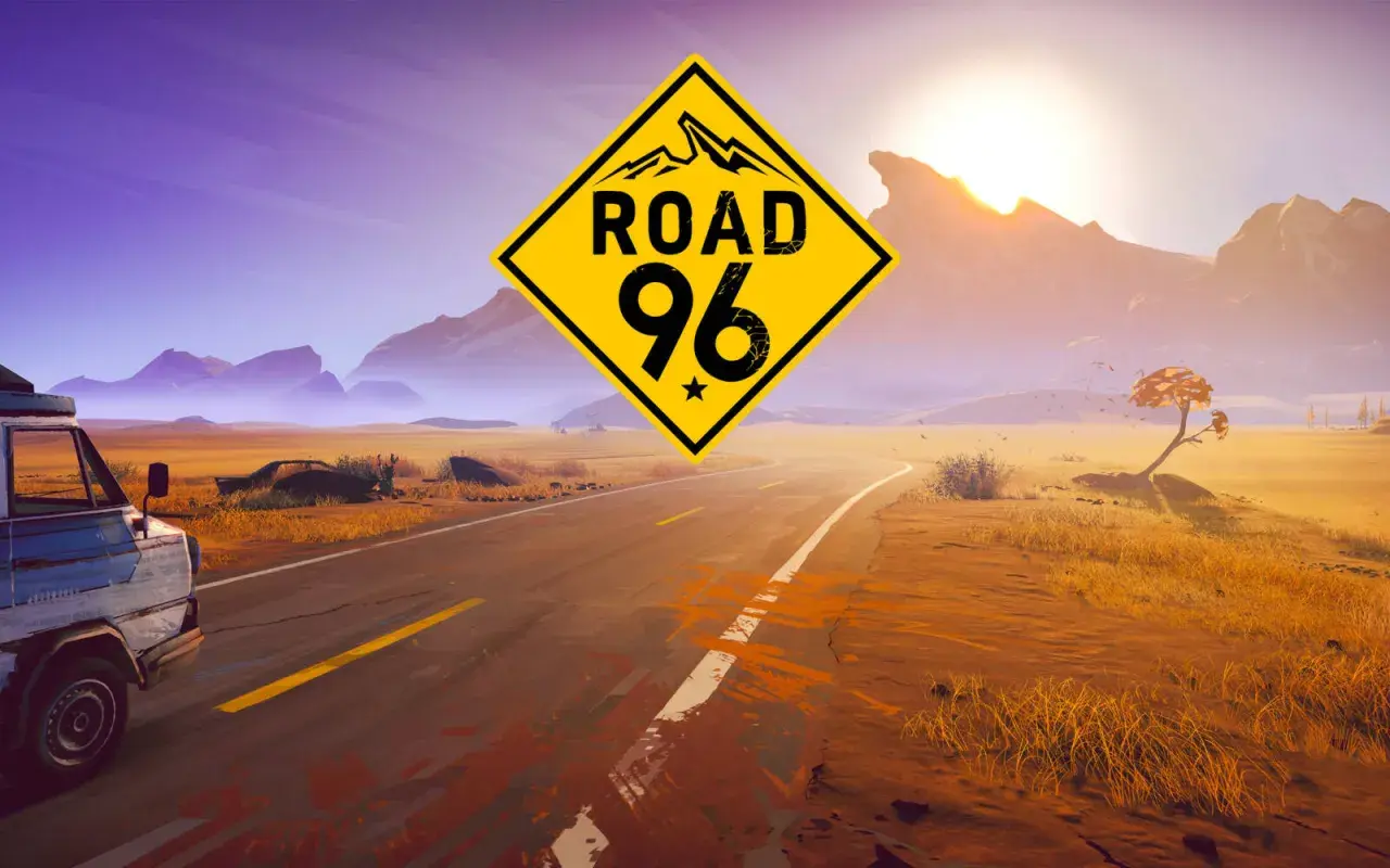 Droga 96: żółty znak ostrzegawczy z górami i napisem "ROAD 96" nad pustynną drogą, z widocznym vanem i słońcem.