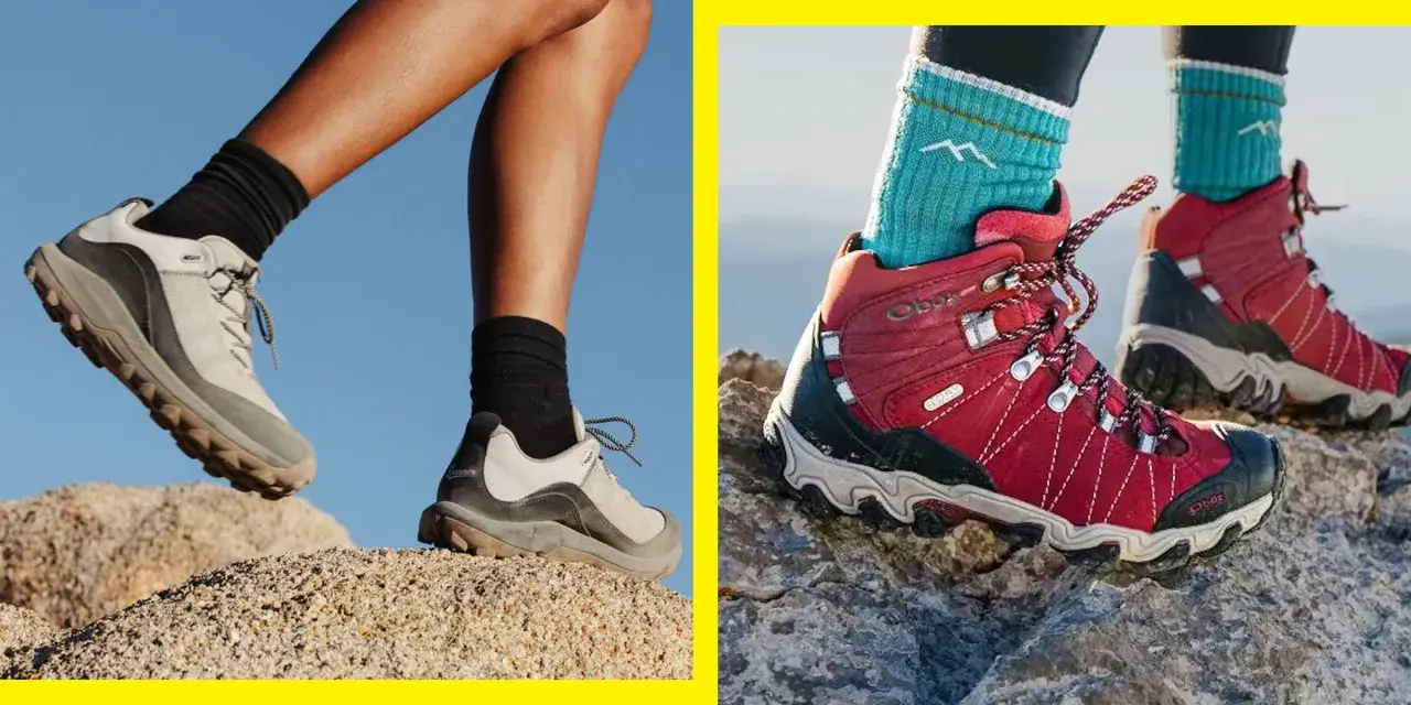 Two pairs of feet in hiking boots navigate rocky terrain. Are hiking boots necessary for this adventure?