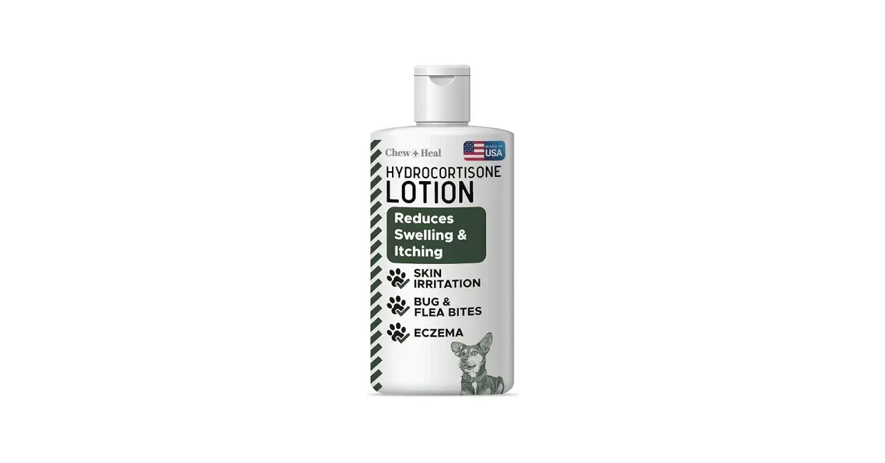 Chew+Heal Hydrocortisone Lotion for dogs, reduces swelling & itching from skin irritation, bug bites, and eczema.