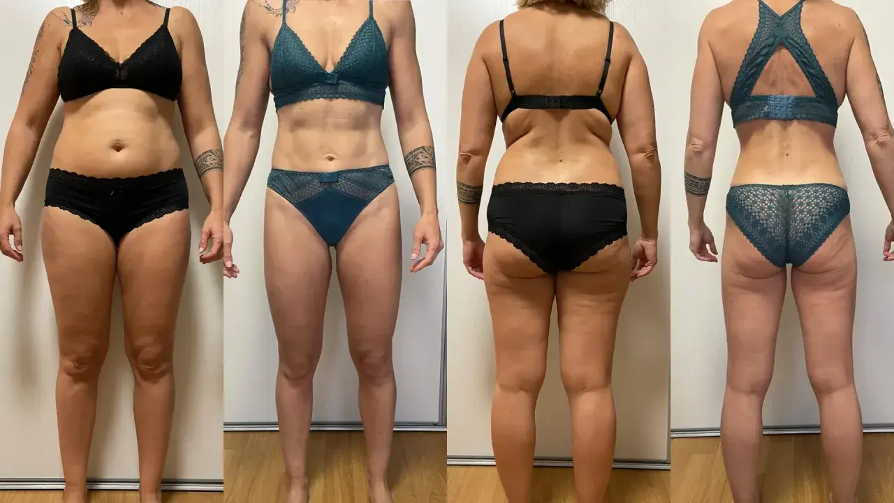 Avant/après : une femme en lingerie noire puis en lingerie verte. Elle a visiblement réussi à perdre 10 kg.