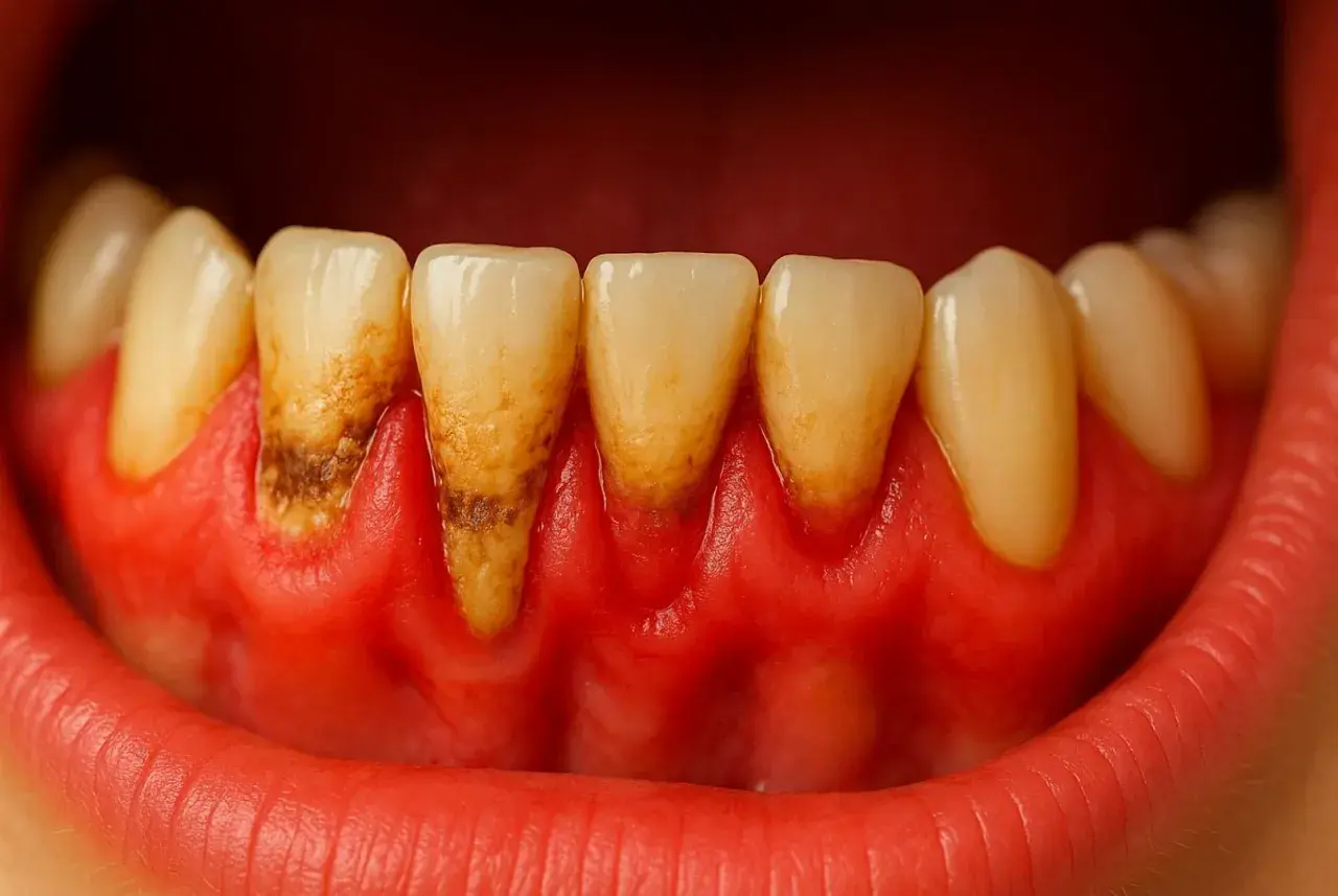 Dientes con sarro y encías inflamadas, un claro ejemplo de piorrea que es.