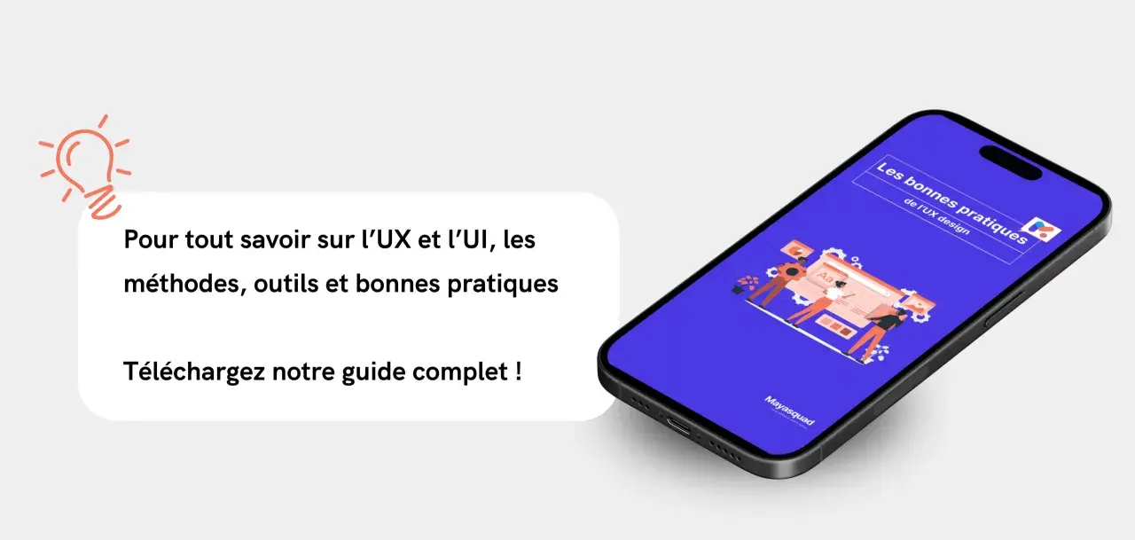 Guide sur les bonnes pratiques UX/UI pour le développement application mobile. Illustration d'une équipe travaillant sur une interface.