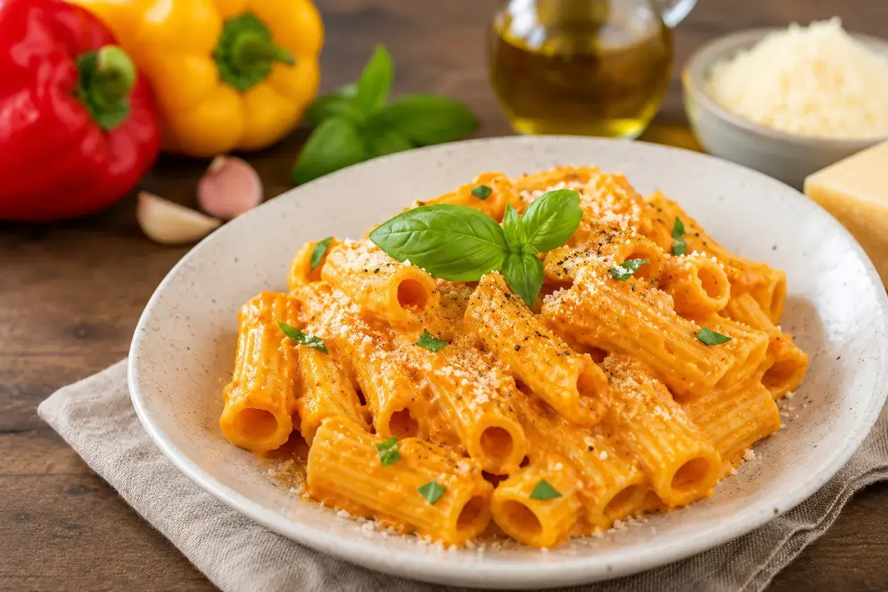 Piatto di rigatoni cremosi con salsa ai peperoni, guarnito con basilico fresco e parmigiano. Ingredienti freschi come peperoni rossi e gialli sullo sfondo.