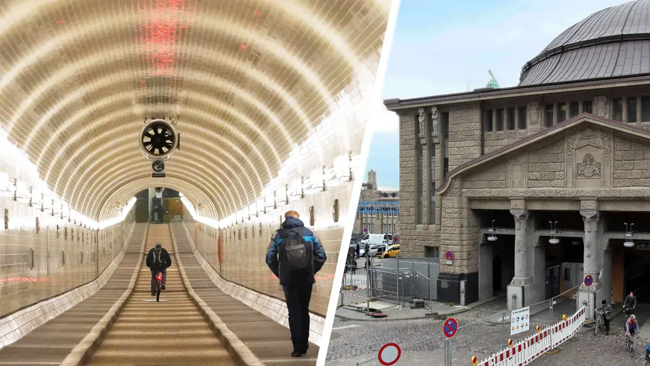 Fußgänger und Radfahrer im beleuchteten Elbtunnel, daneben die imposante Architektur des Eingangsgebäudes.