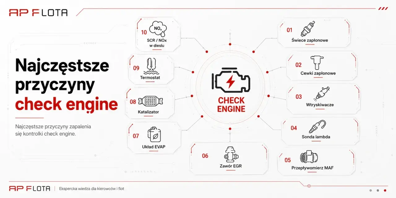 Najczęstsze przyczyny zapalenia się kontrolki check engine: świece, cewki, wtryskiwacze, sonda lambda, przepływomierz MAF, zawór EGR, układ EVAP, katalizator, termostat, SCR/NOx.