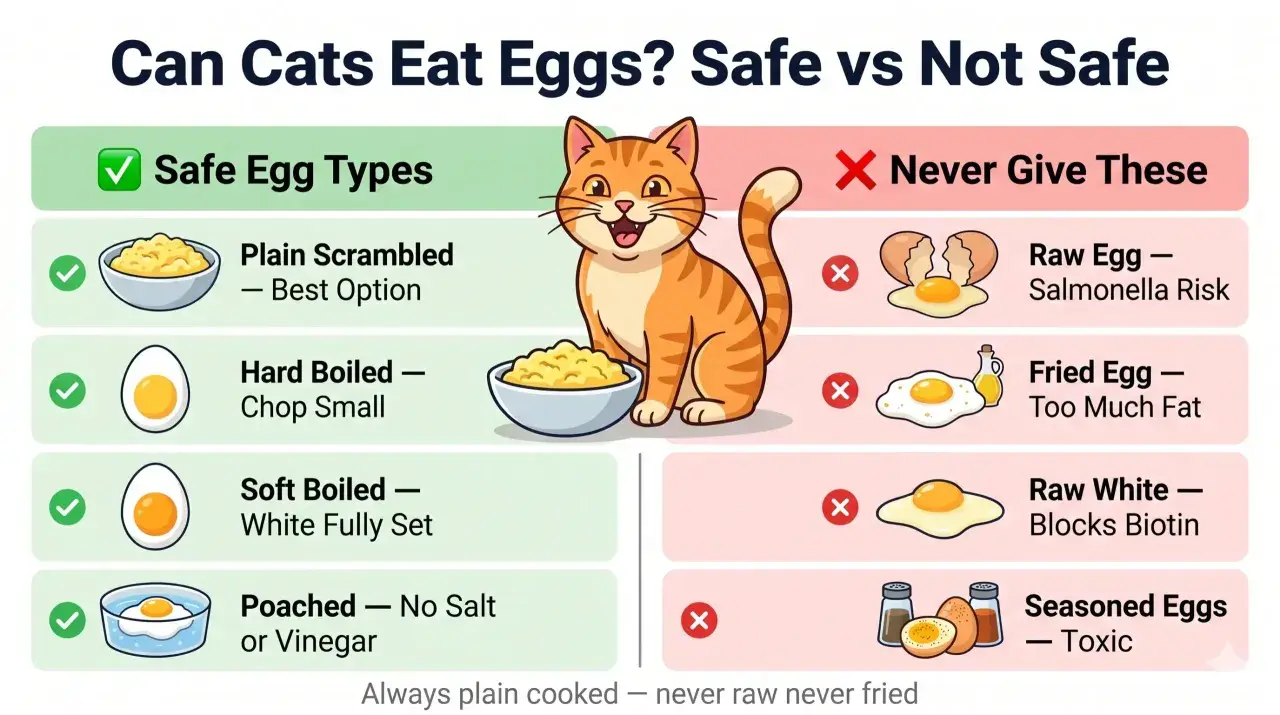 An infographic shows that cats can eat plain scrambled, hard-boiled, soft-boiled, and poached eggs. Never give cats raw eggs, fried eggs, raw whites, or seasoned eggs.