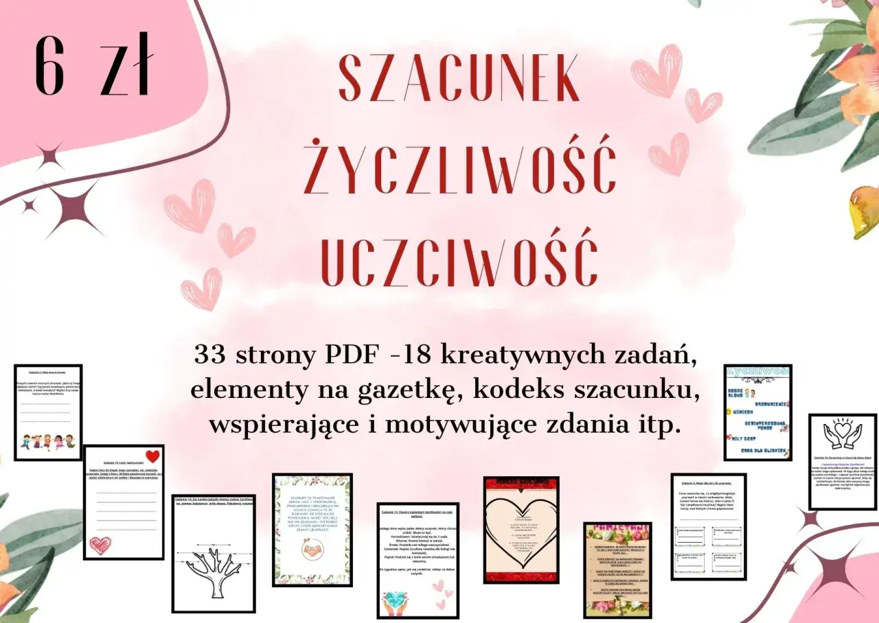 Zestaw 33 stron PDF z zadaniami, elementami na gazetkę i kodeksem szacunku, promujący szacunek, życzliwość i uczciwość.