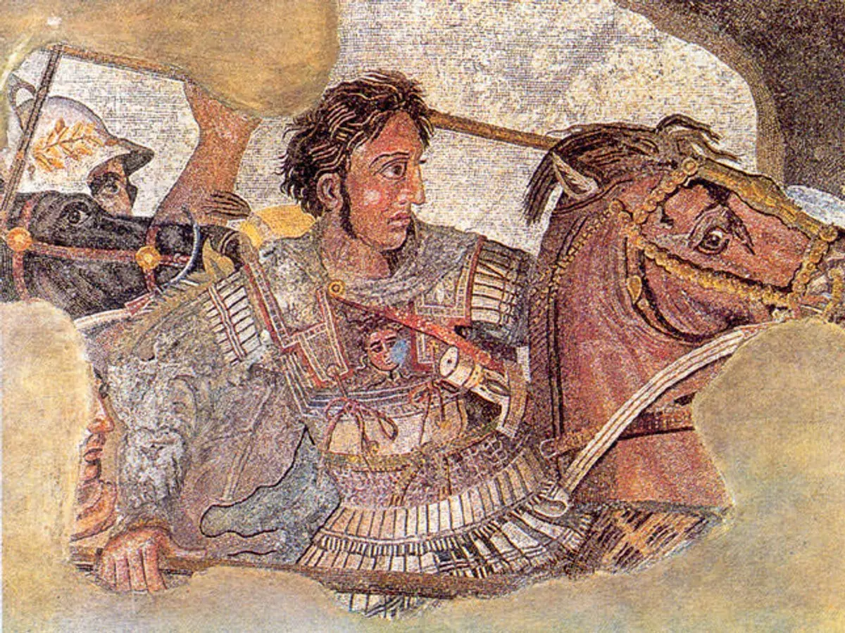 Mosaico raffigurante Alessandro Magno a cavallo, un'icona della Macedonia ai tempi di Alessandro Magno, in battaglia.