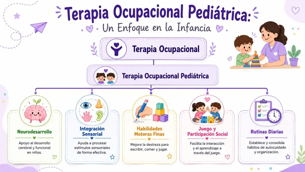 Infografía sobre terapia ocupacional pediátrica, destacando neurodesarrollo, integración sensorial, habilidades motoras finas, juego y rutinas diarias para niños.
