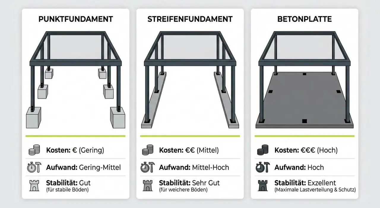 Vergleich von Fundamenttypen: Punktfundament, Streifenfundament und Betonplatte. Jede Darstellung zeigt eine Struktur auf einem Fundament aus Beton mit Kosten-, Aufwands- und Stabilitätsangaben.