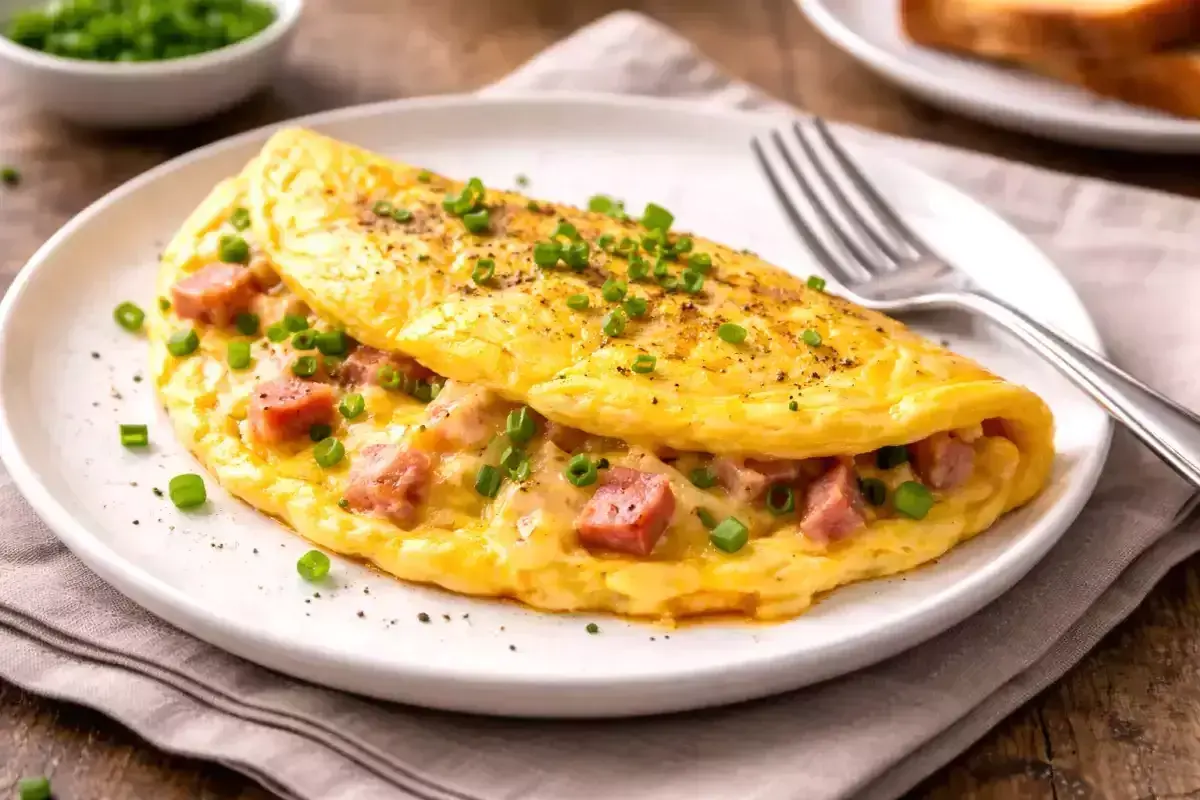 Une omelette simple et dorée, garnie de dés de jambon et de ciboule fraîche, prête à être dégustée.