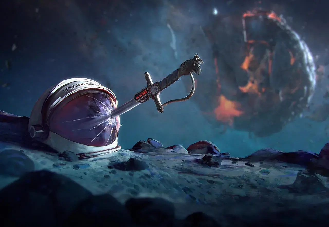 Na księżycu leży hełm astronauty z napisem "Twardowski", przebity szablą. W tle płonąca planeta.