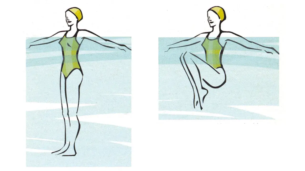 Esercizi di acquagym per dimagrire la pancia: una donna in piedi e poi accovacciata in acqua, con braccia aperte.