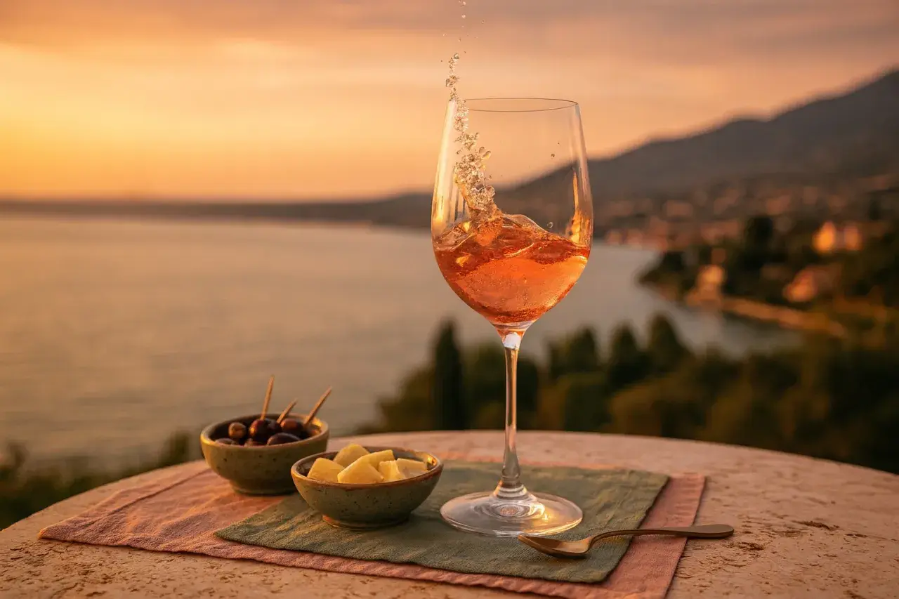 Ein Glas Roséwein sprudelt bei Sonnenuntergang in Molise, Italien. Dazu Oliven und Käse auf einem Tisch mit Blick auf den See.