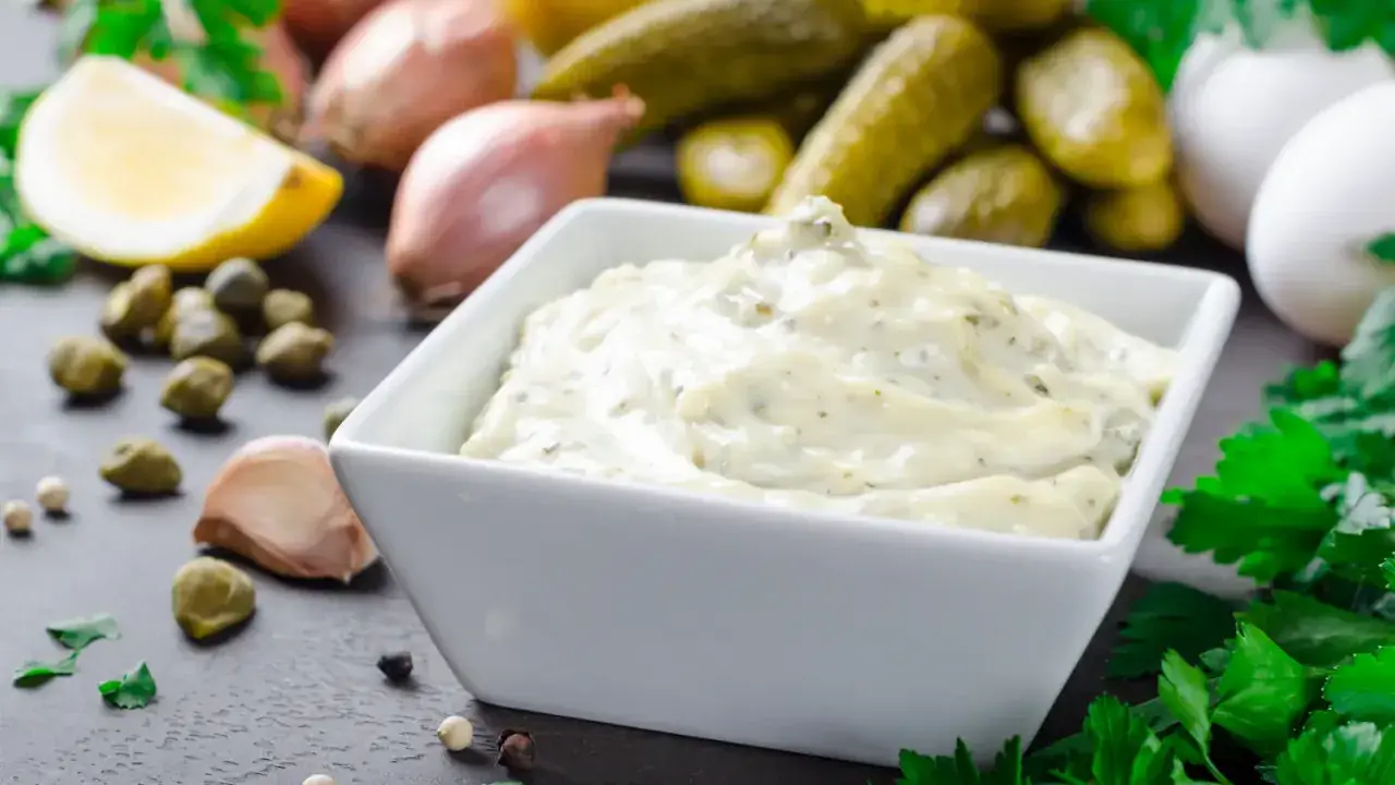 Un bol d'aïoli crémeux, prêt à être dégusté. Ingrédients frais : ail, citron, câpres, échalotes, cornichons, persil. Une recette d'aïoli simple et savoureuse.