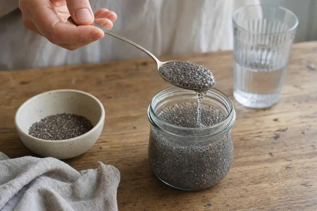 Mano versa semi di chia in un barattolo, creando una sostanza gelatinosa. Attenzione, i semi di chia possono essere pericolosi se non idratati.