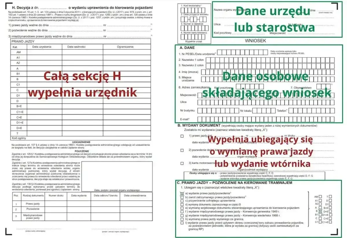 Formularz wniosku o wydanie prawa jazdy lub pozwolenia, gdzie dane urzędu i dane osobowe składającego wniosek są kluczowe. Sekcja H wypełniana przez urzędnika dotyczy daty wydania uprawnienia.