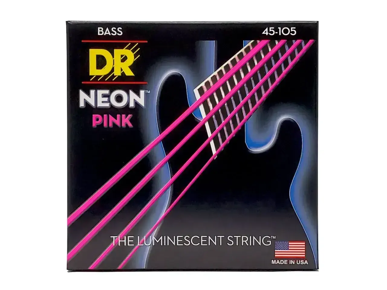 Opakowanie strun basowych DR Neon Pink. Zestaw 45-105. Ile strun ma gitara? Zwykle 6, ale basowe mają 4 lub 5.
