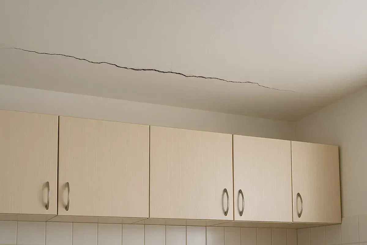 Pęknięcie na suficie nad szafkami kuchennymi. Może to być sygnał problemów z konstrukcją, wymagający uwagi i być może rekojmia.