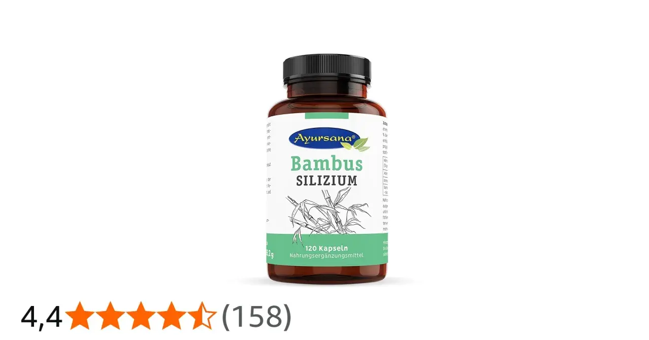 Braune Dose mit Ayursana Bambus Silizium Kapseln. Die positive Wirkung von Bambus Silizium für Haut und Haare wird oft hervorgehoben.