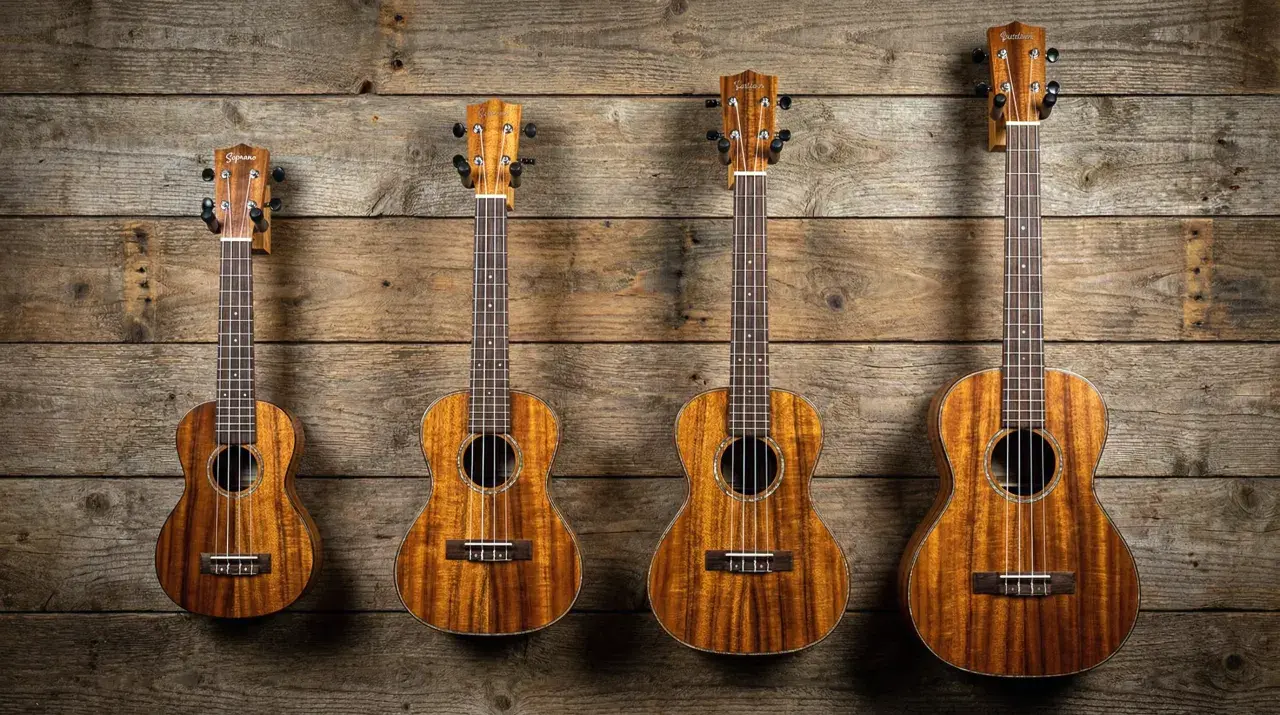 Quatre ukulélés de tailles différentes, chacun représentant un type de ukulele, sont accrochés sur un mur en bois rustique.