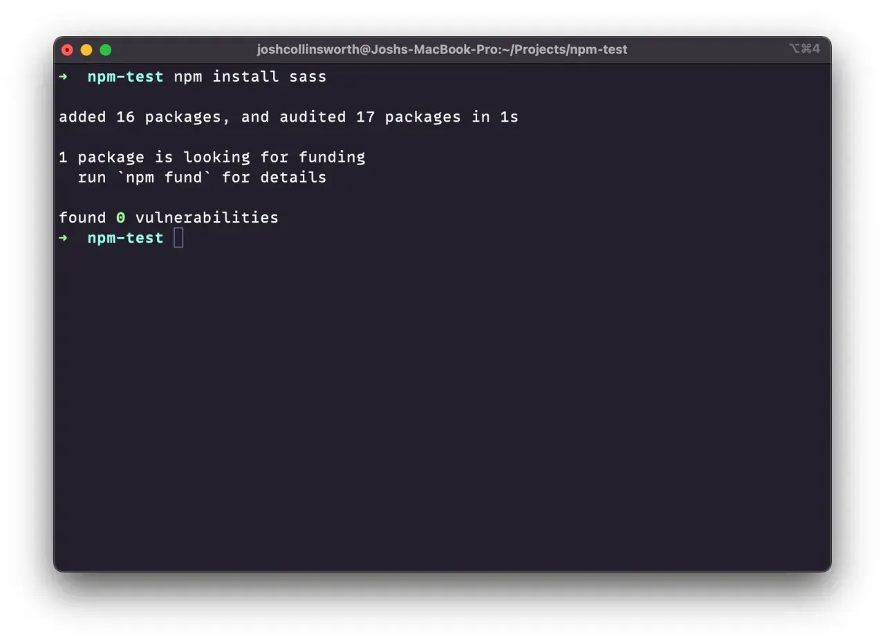 Terminal affichant la commande `npm install sass` sur Debian, avec succès.