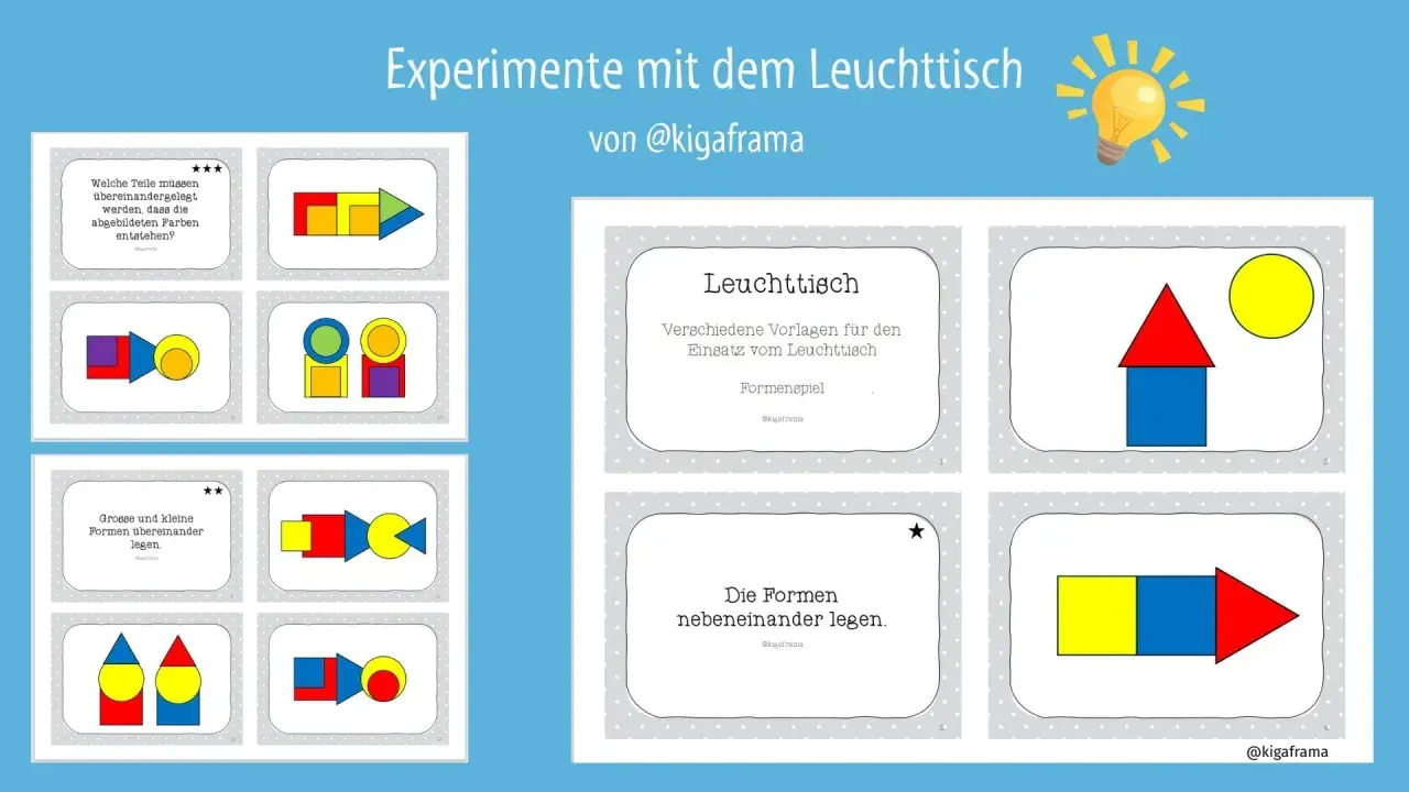 Kostenloses Material Kita: Leuchttisch-Vorlagen für Formenspiele. Kinder legen bunte Formen übereinander oder nebeneinander.