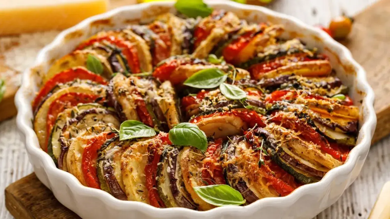 Un délicieux tian de légumes, aux rondelles colorées de tomates, courgettes et aubergines, gratiné au fromage et garni de basilic frais.