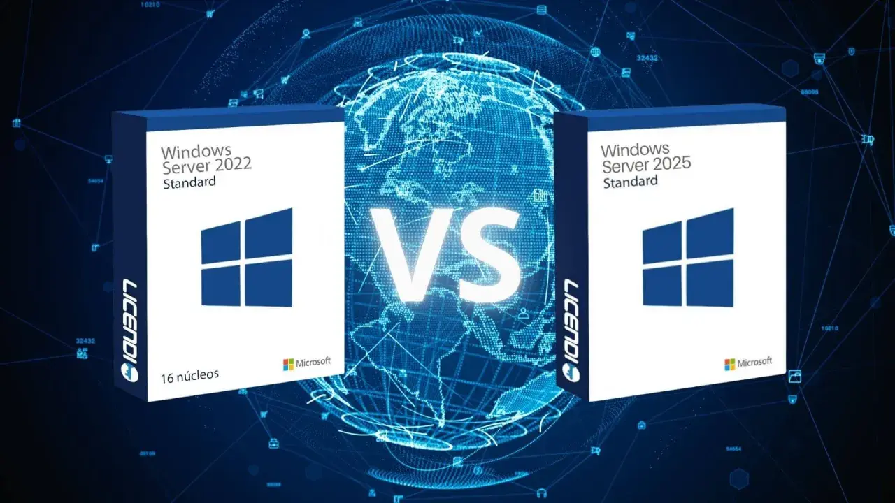 Cajas de Windows Server 2022 y Windows Server 2025 Standard frente a un globo terráqueo digital.