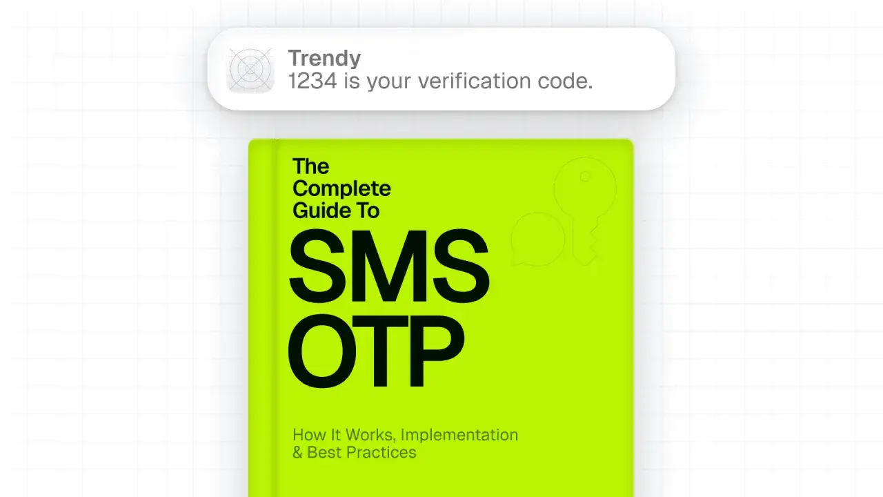 Un mensaje de texto muestra "Trendy 1234 es tu código de verificación". Debajo, la portada de un libro sobre SMS OTP.