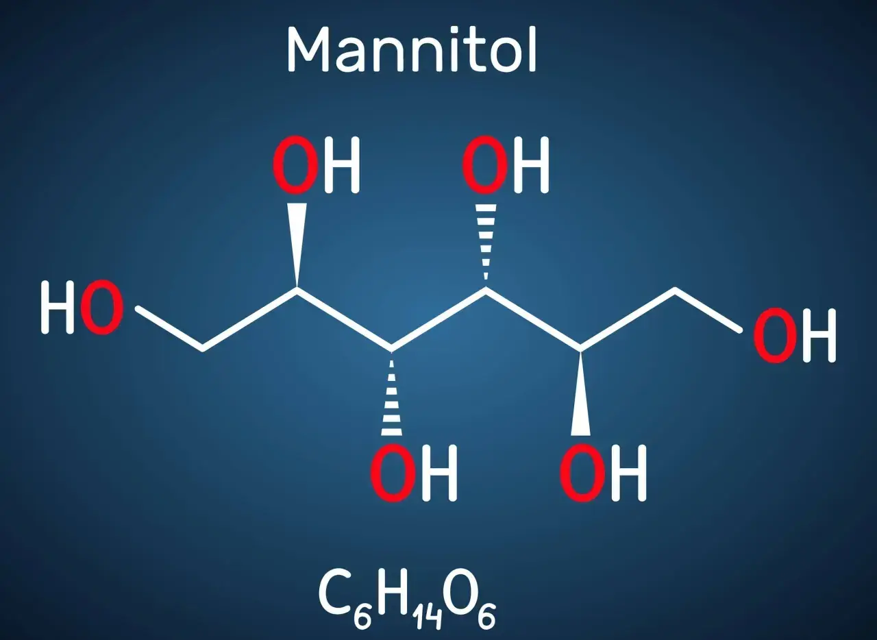 Struktura chemiczna mannitolu, cukrolu C₆H₁₄O₆. Wiele grup hydroksylowych (-OH) sprawia, że jest on higroskopijny, czyli mantusil na co go potrzebujemy.