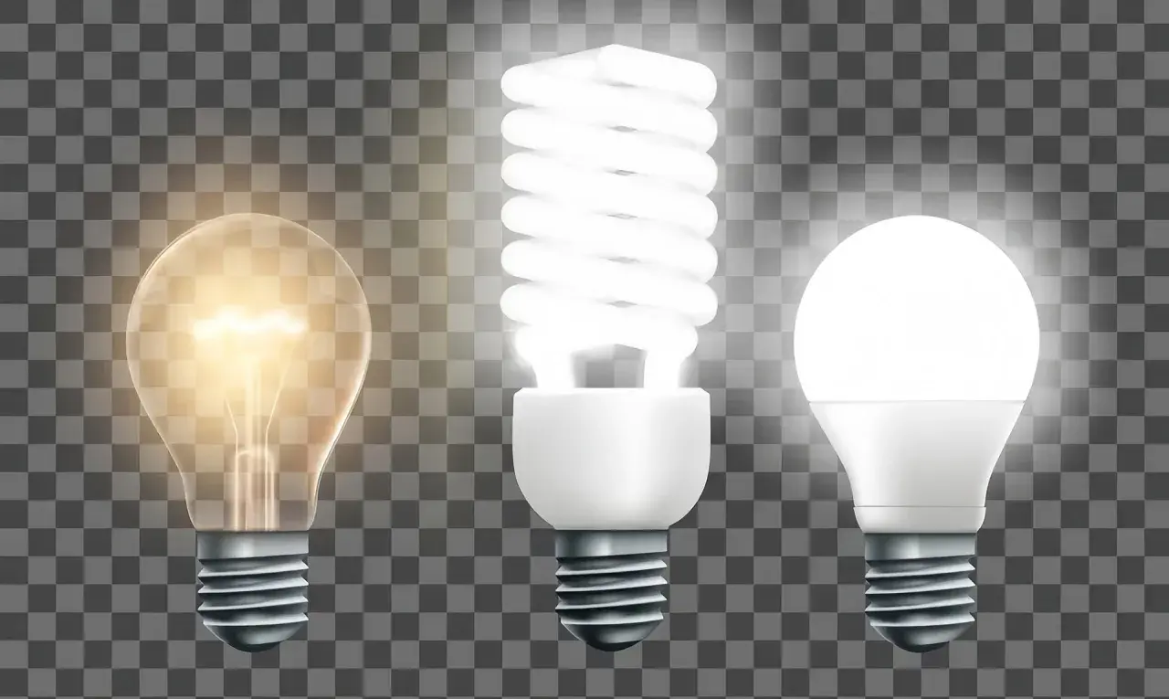 Tres bombillas: una incandescente, una fluorescente y bombillas led transparentes, mostrando la evolución de la iluminación.