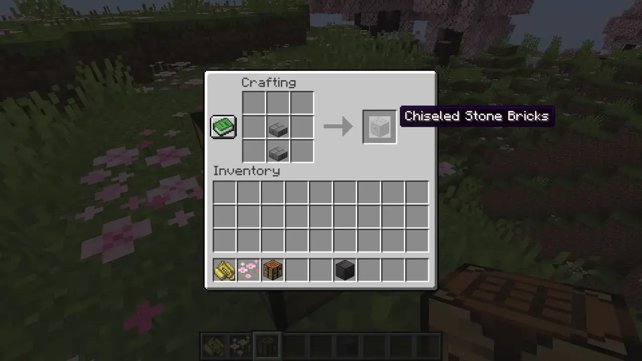 Jak zrobic kamienne cegły w MC: dwa kamienne bloki w crafting table tworzą rzeźbione kamienne cegły.