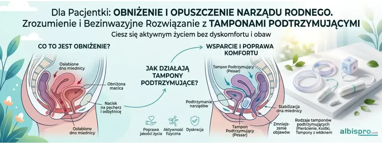 Ilustracja pokazuje, jak działa tampon podtrzymujący (pessar) w leczeniu obniżenia narządów rodnych. Pomaga w stabilizacji dna miednicy, poprawiając jakość życia.