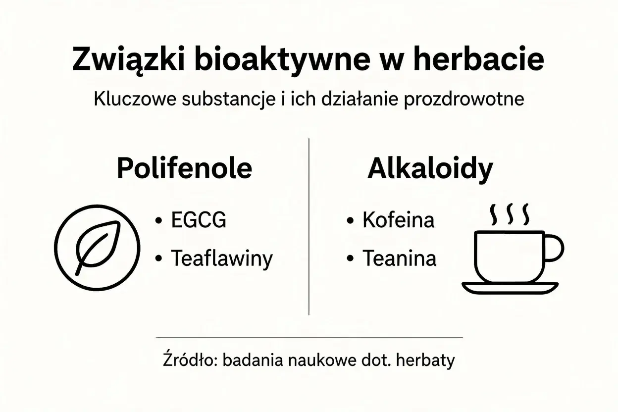 Związki bioaktywne w herbacie: polifenole (np. EGCG) i alkaloidy (kofeina, teanina). Badania naukowe o herbacie.