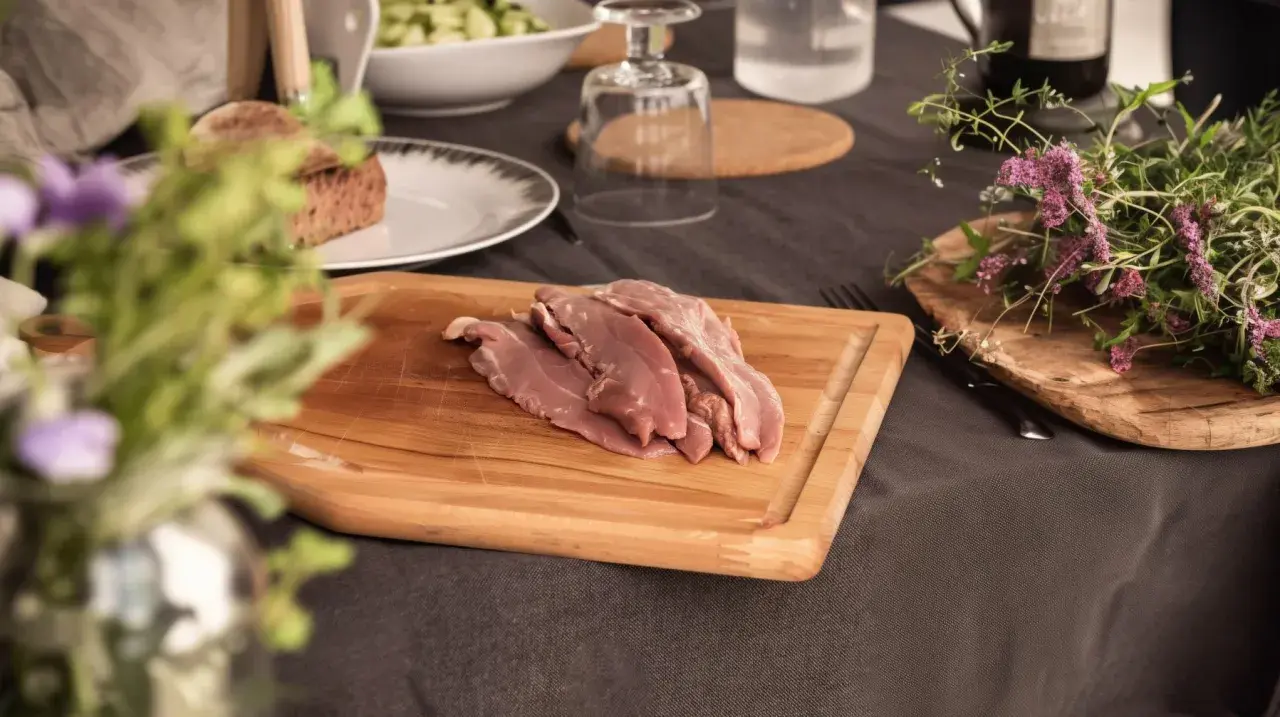 Aiguillettes de canard crues sur une planche à découper en bois, prêtes à être cuisinées. Des herbes fraîches et du pain complètent la scène.