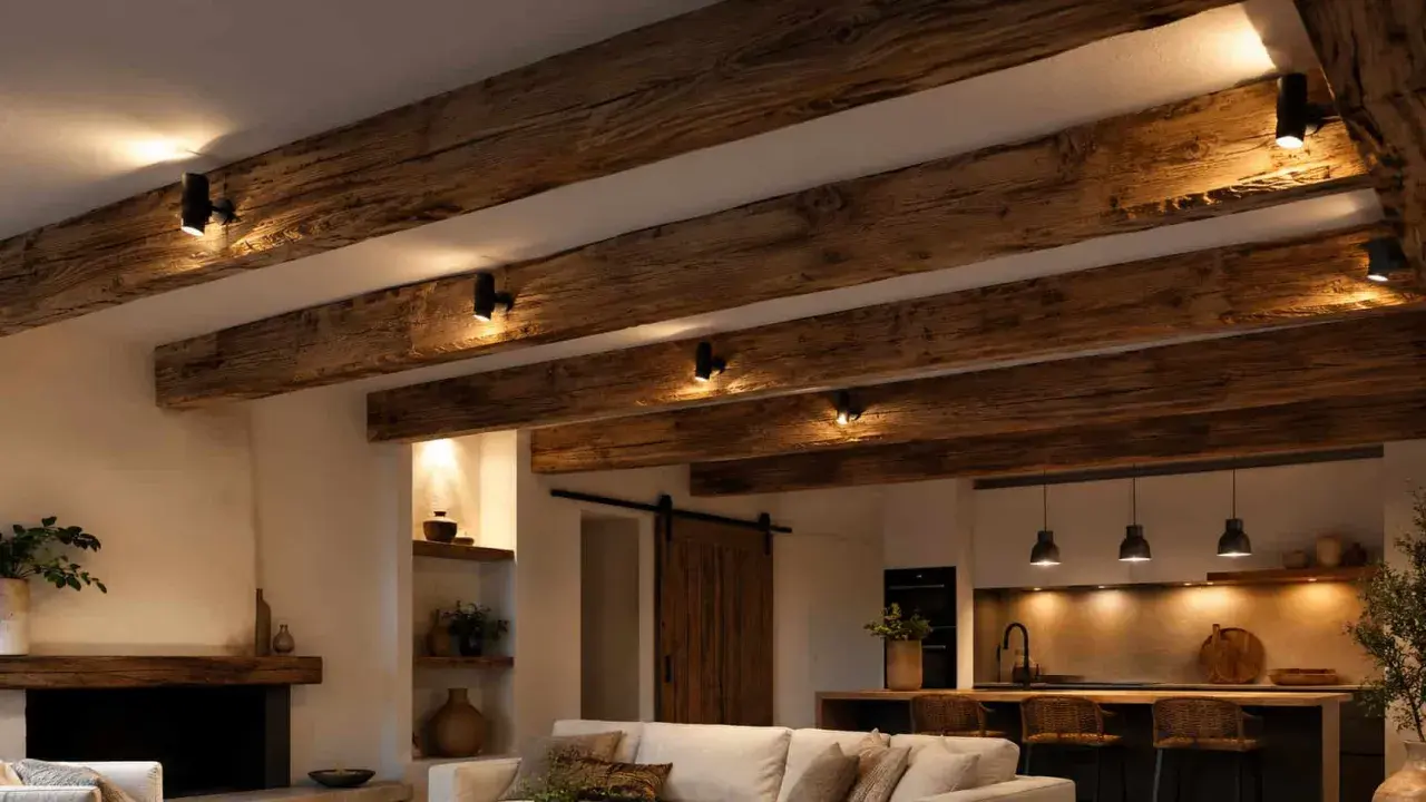 Poutre apparente en bois vieilli, éclairée par des spots discrets. Ambiance rustique et chaleureuse.