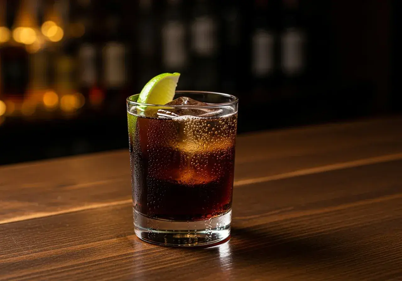 Ett glas rom och cola med is och lime på en träbar.