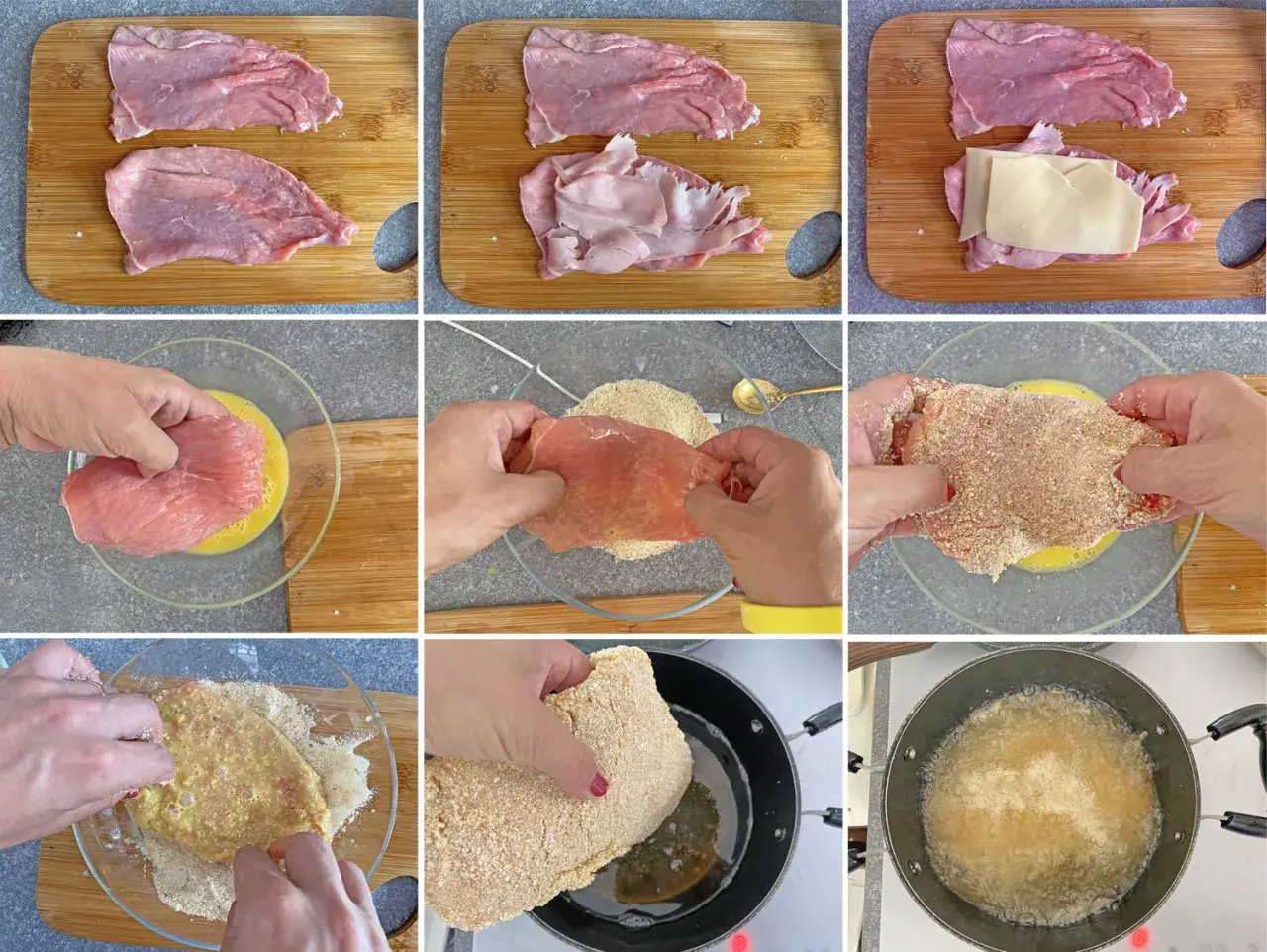 Preparazione delle bistecche alla valdostana: carne, prosciutto, formaggio, uovo e pangrattato per una deliziosa impanatura.