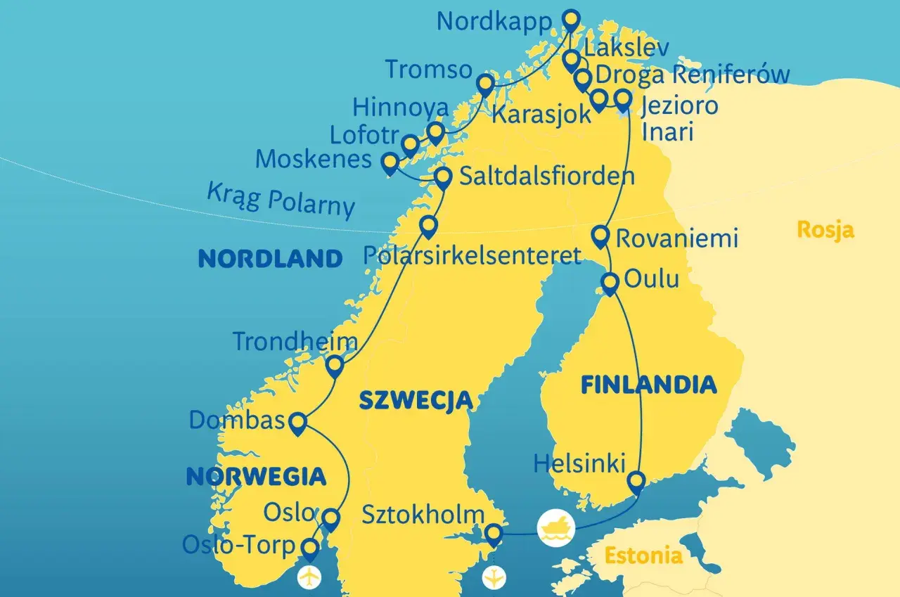 Mapa pokazuje trasę podróży przez koło podbiegunowe w Norwegii, Szwecji i Finlandii, z zaznaczonymi miastami jak Nordkapp, Tromso, Rovaniemi.