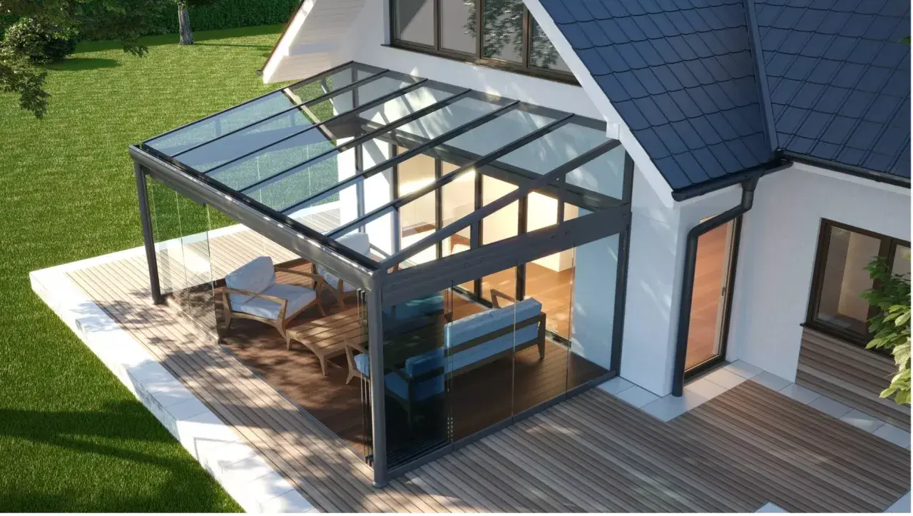 Une véranda moderne avec mobilier confortable, parfaite pour une idée aménagement petite véranda. Profitez de la lumière naturelle.