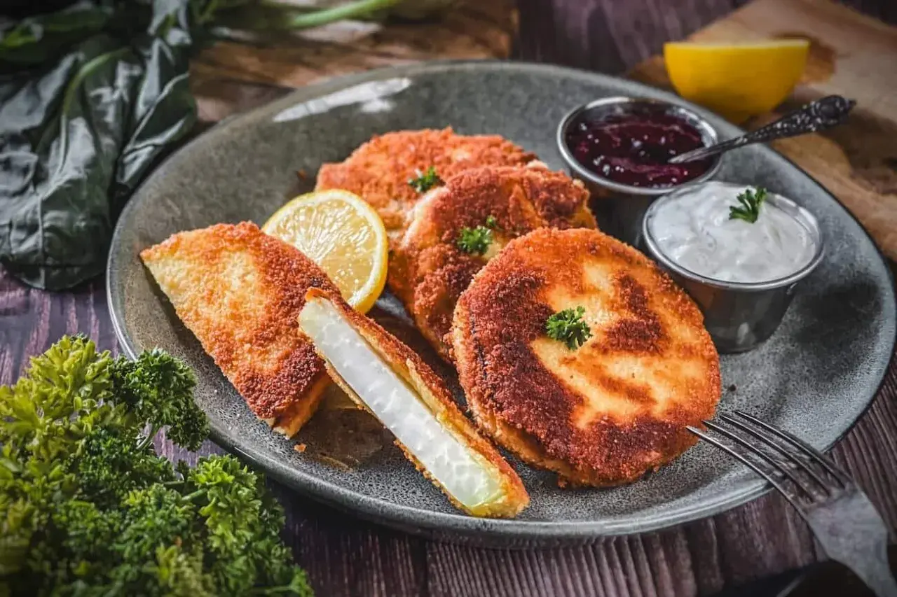 Kohlrabi mal anders: knusprig panierte Kohlrabi-Scheiben mit Dip und Beerensoße. Ein Genuss für alle Sinne!