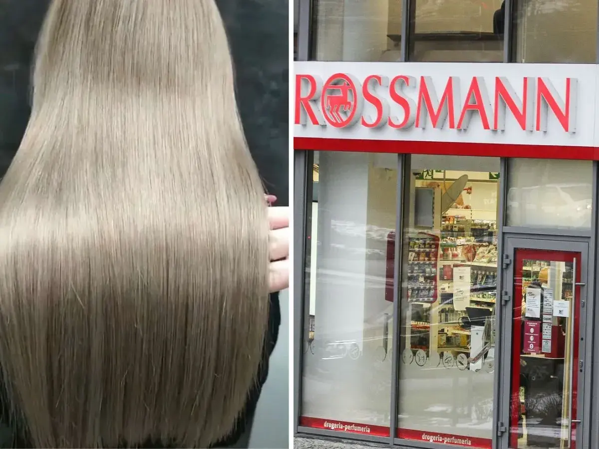 Długie, blond włosy i wejście do drogerii Rossmann.