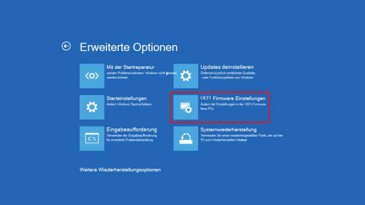 Erweiterte Optionen: UEFI Firmware Einstellungen ändern. Hier kann man auch die Einstellungen für Secure Boot anpassen, um den Startvorgang zu sichern.
