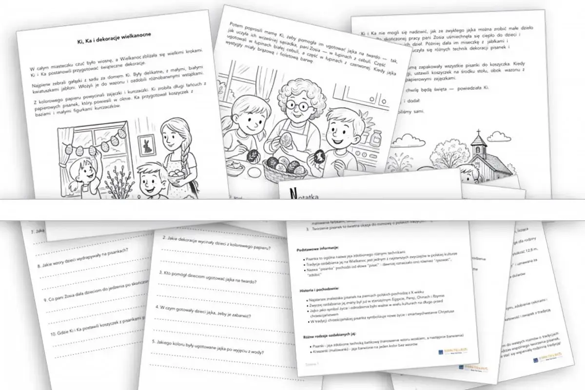 Karty pracy dla dzieci z wielkanocnymi zadaniami i ilustracjami. Dzieci ozdabiają dom, gotują jajka i tworzą świąteczne dekoracje.