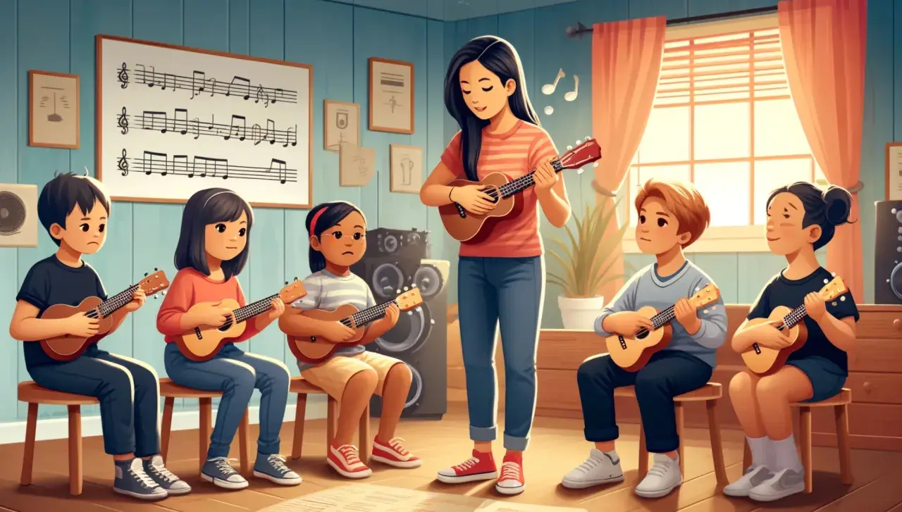 Nauczycielka prowadzi lekcję gry na ukulele. Dzieci uczą się prostych piosenek na 2 chwyty, patrząc na nuty na tablicy.