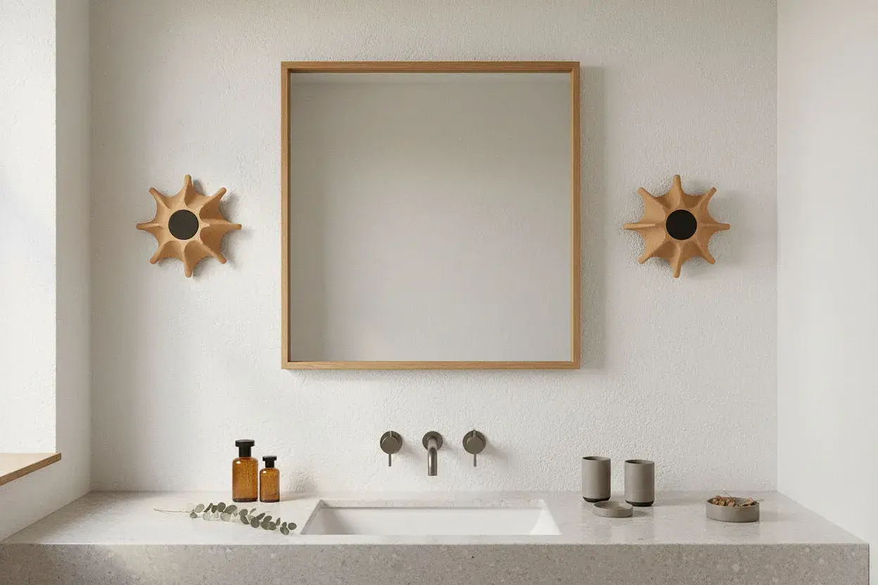 Un moderno aplique baño pared con forma de sol ilumina el espacio junto a un espejo de madera.