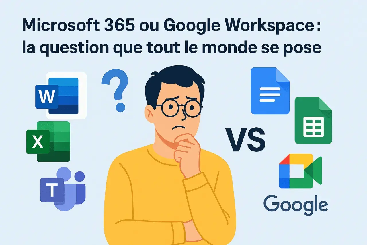 Un homme perplexe face aux logos de Microsoft 365 (Word, Excel, Teams) et Google Workspace (Docs, Sheets, Meet). Microsoft shared c'est quoi ?