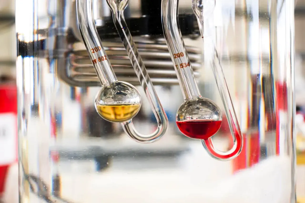 Due viscosimetri misurano la viscosità di oli motore diversi. Uno giallo, uno rosso.