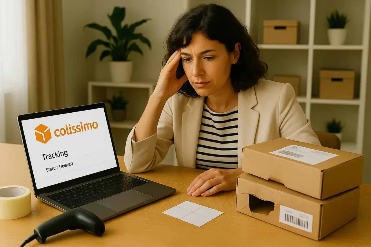 Zmartwiona kobieta sprawdza status przesyłki na laptopie. Na ekranie widnieje napis "colissimo Tracking. Status: Delayed". Obok leżą paczki.